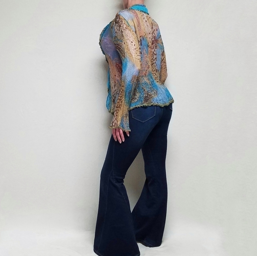 Vintage OOAK Alberto Makali Blue Leopard Print Gold Metallic Knit Abstract Top - Picture 3 of 14